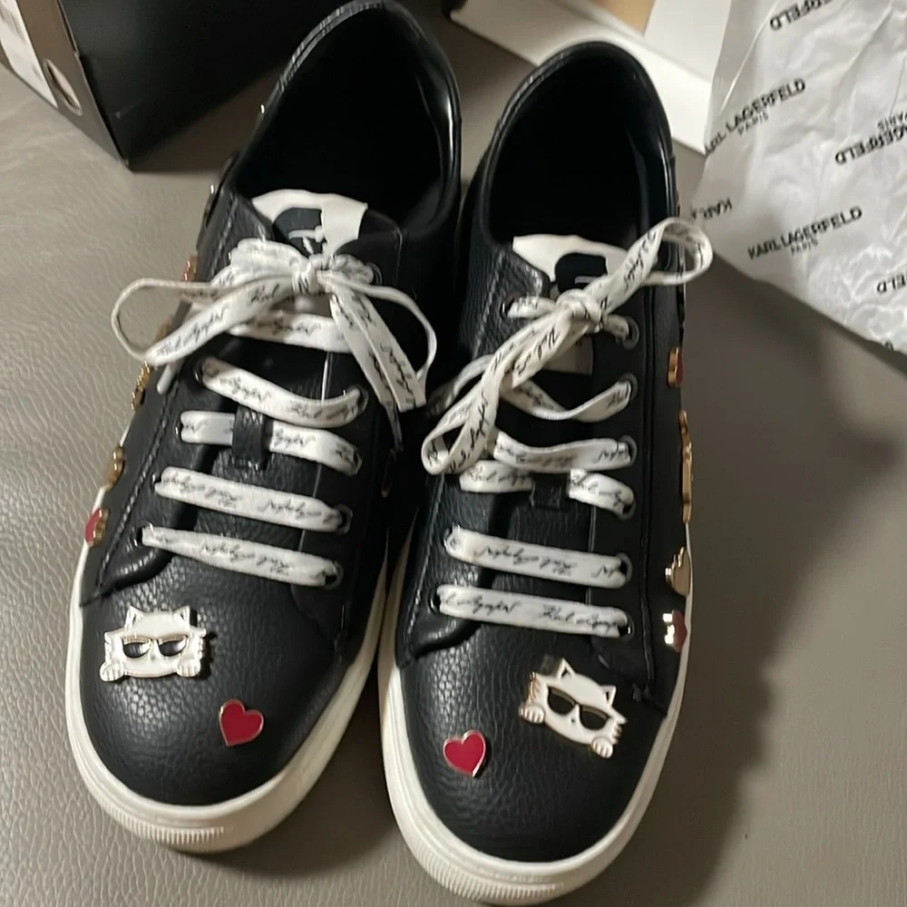 Karl Lagerfeld Paris Black Leather Sneakers with Cate Pins - Picture 3 of 10